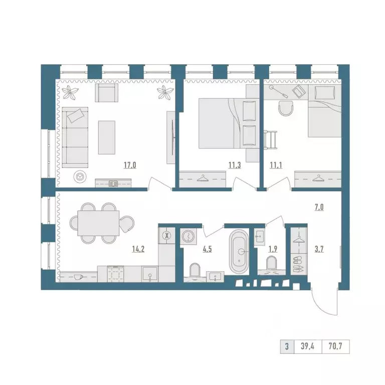3-к кв. Башкортостан, Уфа Родина Парк жилой комплекс (70.7 м) - Фото 1