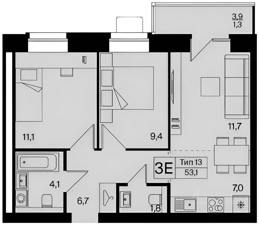 3-к кв. Коми, Сыктывкар Тентюковская ул., 320к1 (54.9 м) - Фото 2