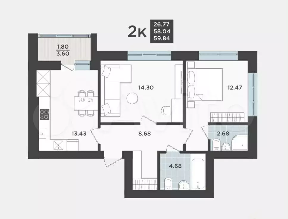 2-к. квартира, 58м, 8/9эт. - Фото 1