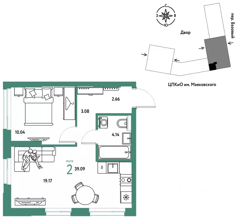 2-к кв. Свердловская область, Екатеринбург пер. Базовый, 10 (39.09 м) - Фото 1