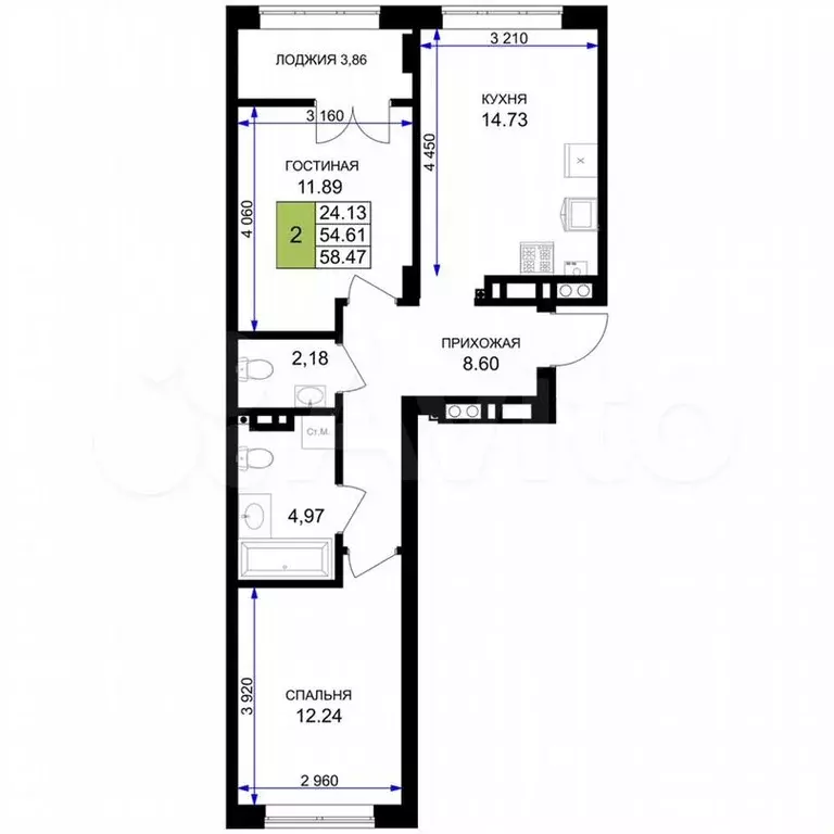 2-к. квартира, 58,5 м, 2/7 эт. - Фото 1