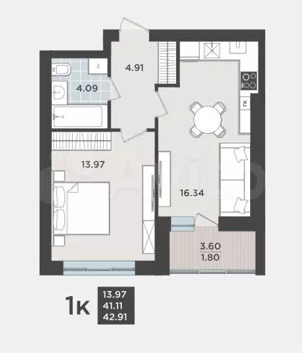 1-к. квартира, 41,1 м, 6/9 эт. - Фото 1