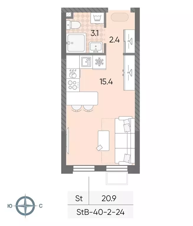 квартира-студия, 20.9 м - Фото 1