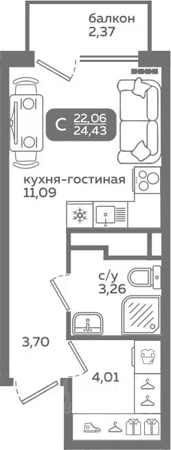 Студия Тюменская область, Тюмень ул. Заполярная, 9/2 (22.06 м) - Фото 0