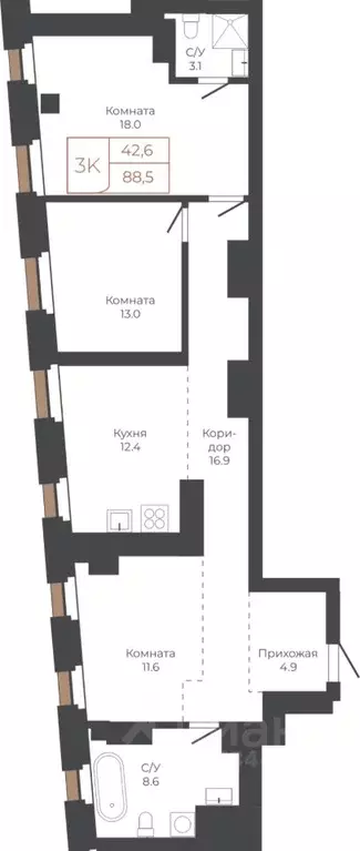 3-к кв. Алтайский край, Барнаул пл. Баварина, 8к1 (87.5 м) - Фото 0