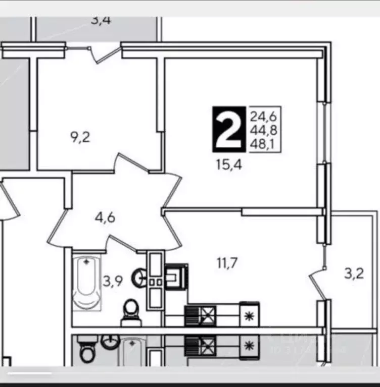 Квартира, 2 комнаты, 45.8 м - Фото 1