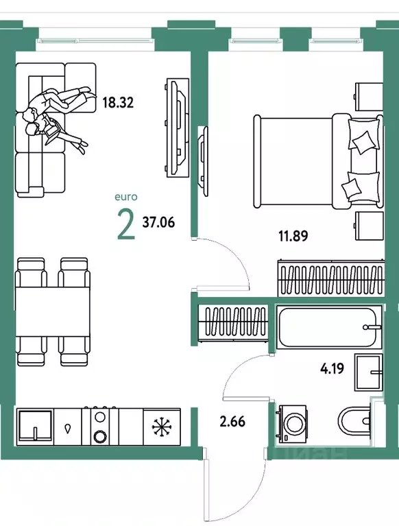 2-к кв. Тюменская область, Тюмень ул. 50 лет Октября, 61к1 (37.06 м) - Фото 1