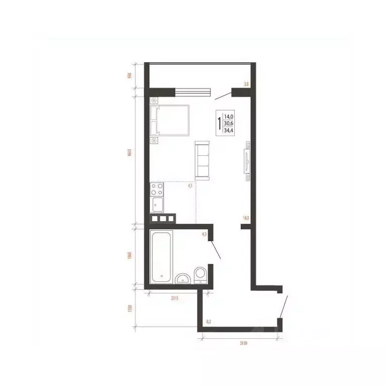 1-к кв. Иркутская область, Иркутск Сарафановская ул. (34.4 м) - Фото 1