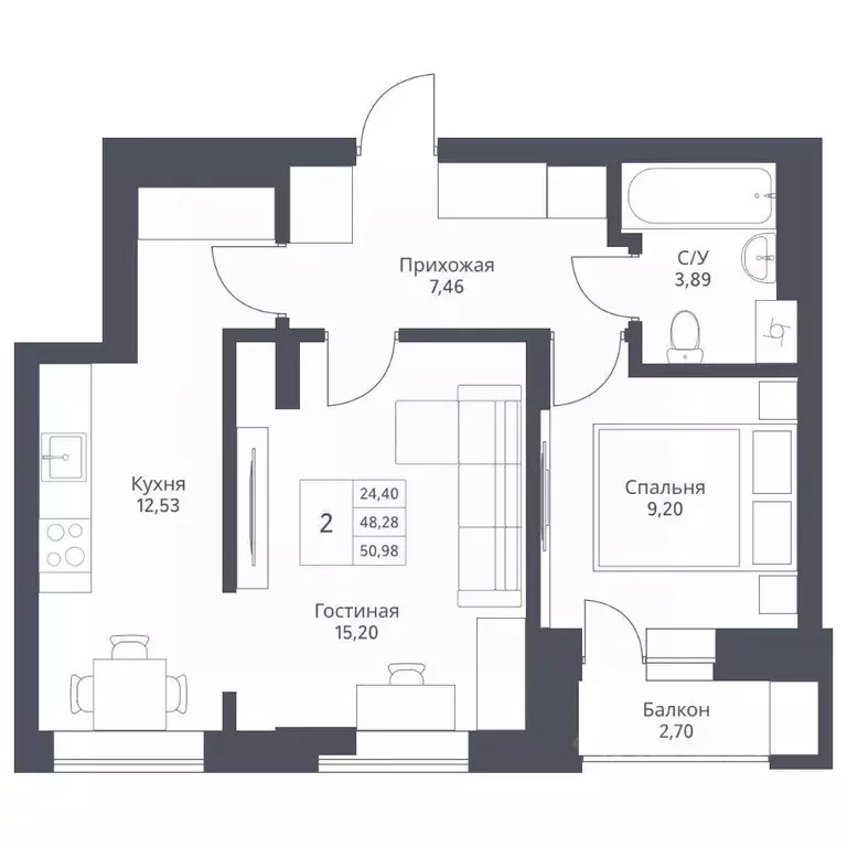 2-к кв. Новосибирская область, Новосибирск  (50.98 м) - Фото 0