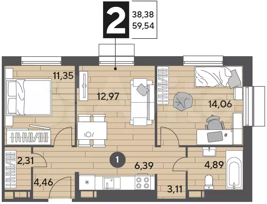 2-к. квартира, 59,5м, 2/9эт. - Фото 0