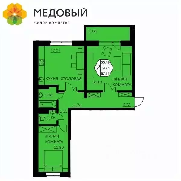 2-к кв. Пермский край, д. Кондратово ул. Г.Н. Нифантова, 4Б (64.2 м) - Фото 1
