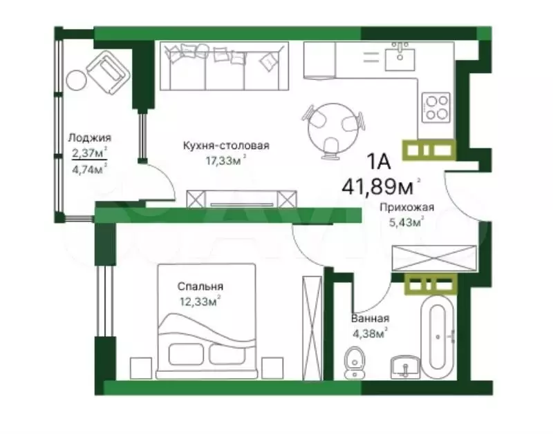 1-к. квартира, 41,9м, 11/16эт. - Фото 1