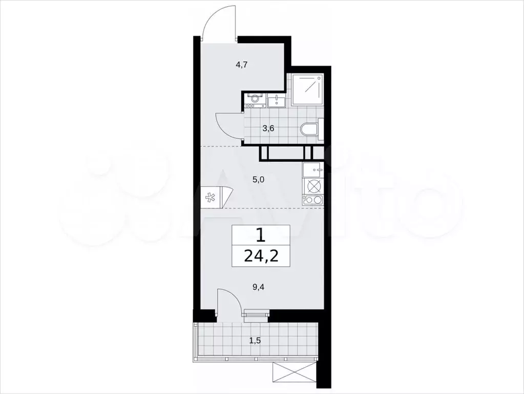 Квартира-студия, 24,2м, 14/18эт. - Фото 1