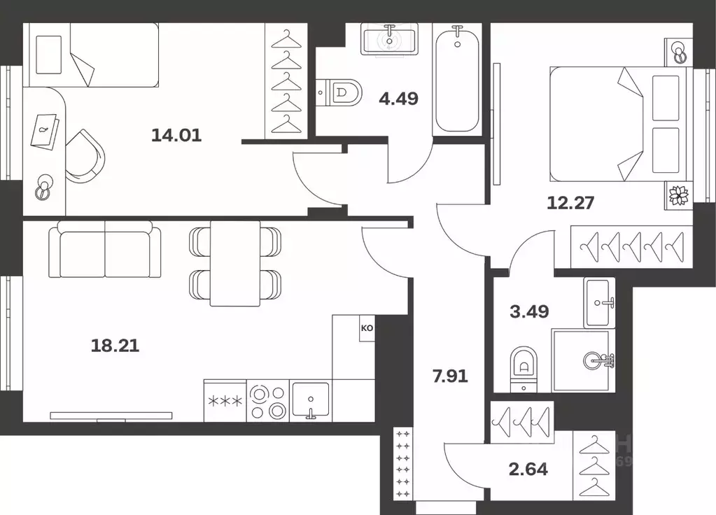 2-к кв. Тульская область, Тула ул. Богородицкая, 8В (63.02 м) - Фото 1