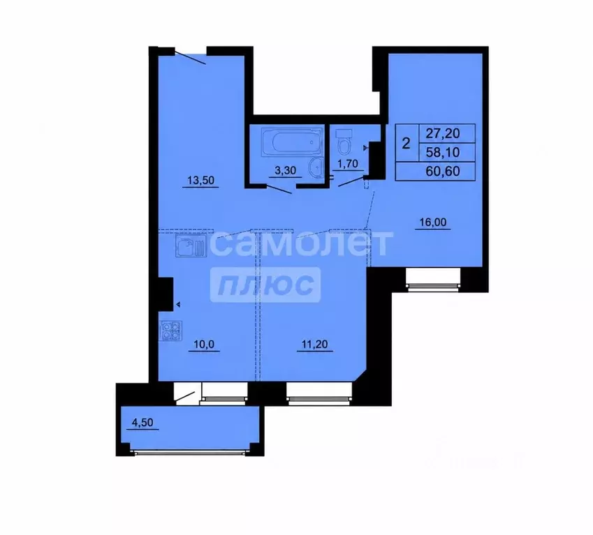 2-к кв. Омская область, Омск ул. Малиновского, 16к1 (60.0 м) - Фото 2