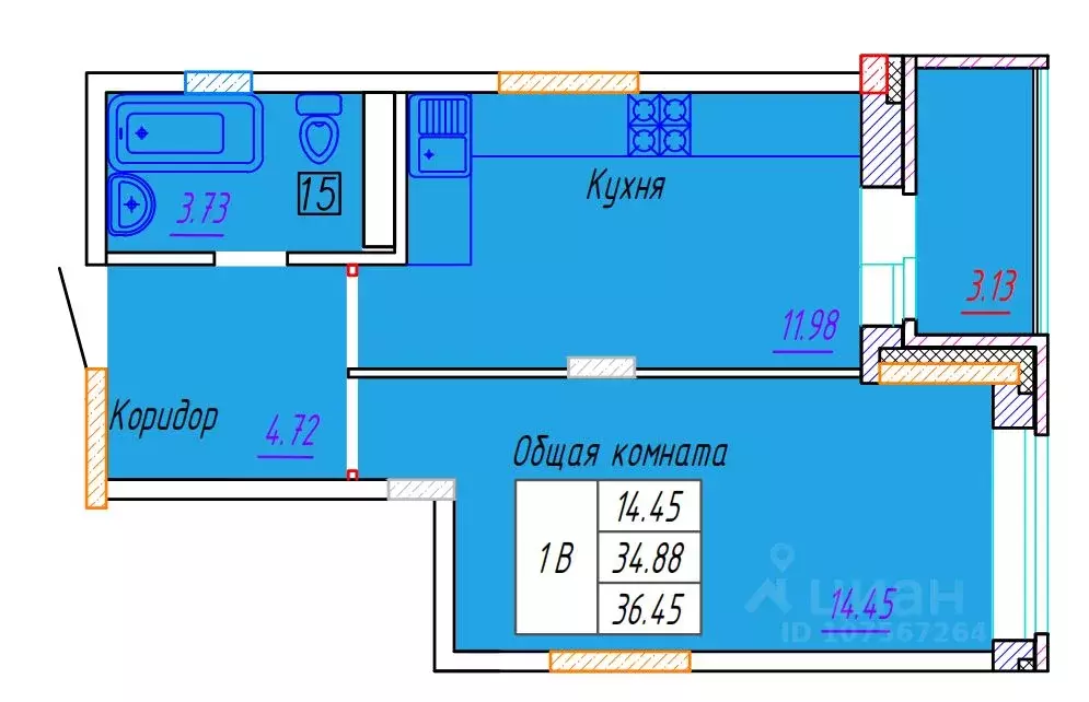 1-к кв. Чувашия, Новочебоксарск бул. Речной, поз7 (36.45 м) - Фото 0