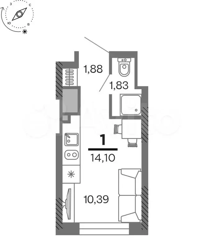 1-к. квартира, 14,1 м, 21/25 эт. - Фото 1