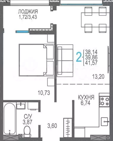 2-к. квартира, 41,6 м, 5/8 эт. - Фото 0