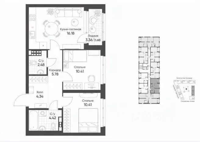 2-к кв. Свердловская область, Екатеринбург бул. Вдохновения, 4 (53.5 ... - Фото 2