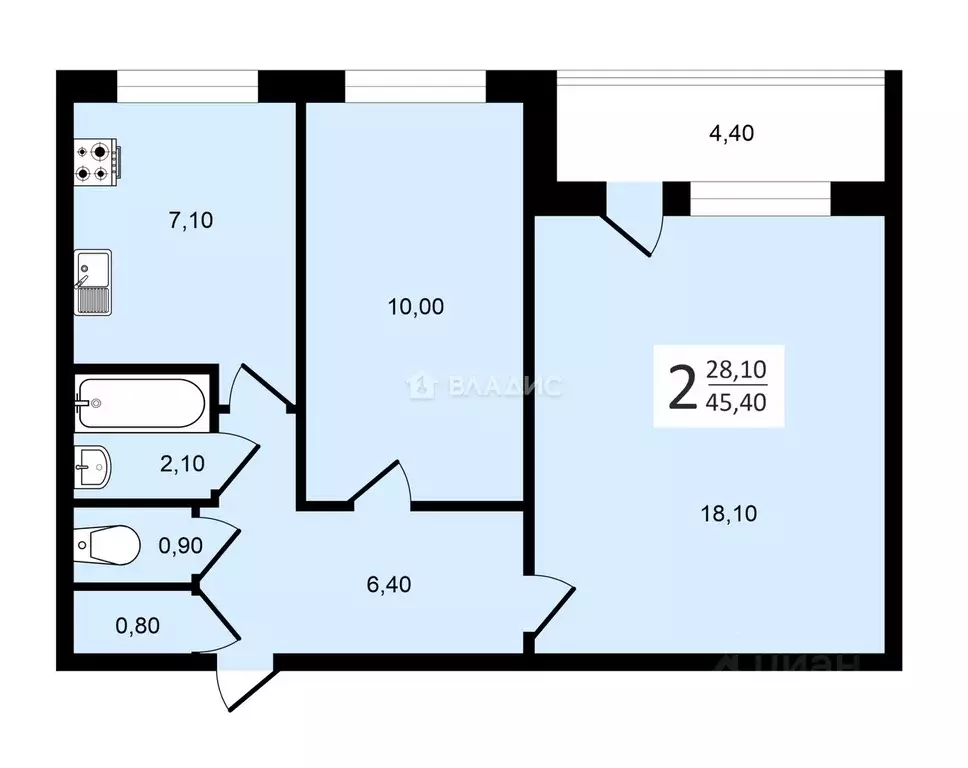 2-к кв. Санкт-Петербург ул. Черкасова, 8К3 (45.4 м) - Фото 1
