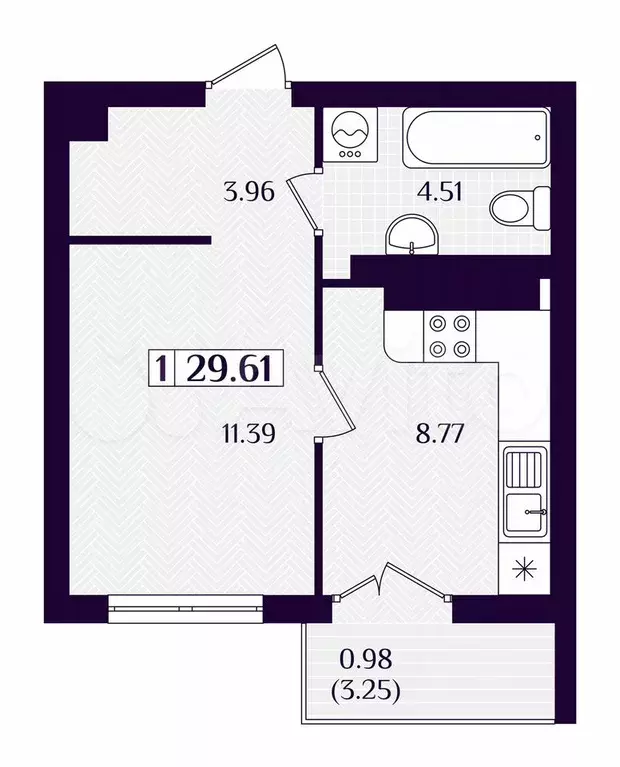 1-к. квартира, 29,6 м, 3/7 эт. - Фото 1