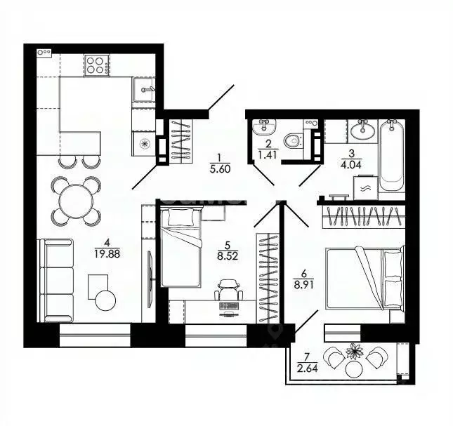 2-к кв. Липецкая область, Липецк ул. Е.И. Замятина, 1 (53.0 м) - Фото 2