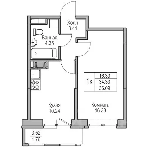 1-к кв. Санкт-Петербург ул. Ивинская, 1к3 (34.33 м) - Фото 0