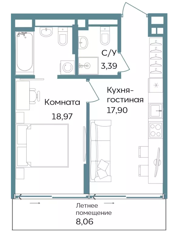 1-к квартира, 48.32 м - Фото 0