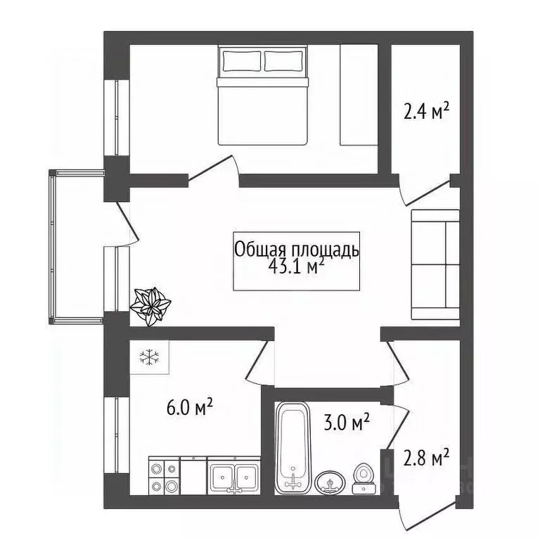 2-к кв. Новосибирская область, Новосибирск ул. Некрасова, 59 (43.1 м) - Фото 2