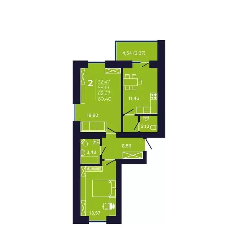 2-комнатная квартира: Уфа, улица Михаила Зайцева, 6 (61.2 м) - Фото 1