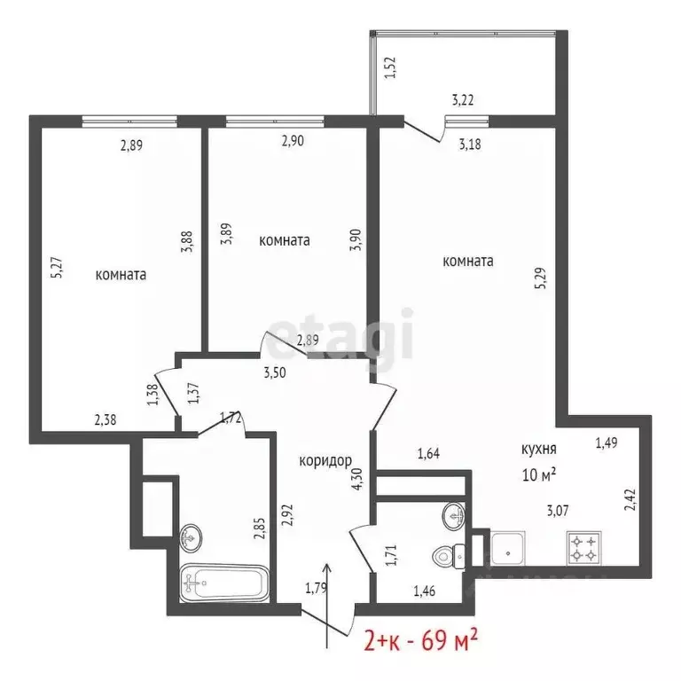2-к кв. Свердловская область, Екатеринбург ул. Таватуйская, 25к2 (69.0 ... - Фото 2