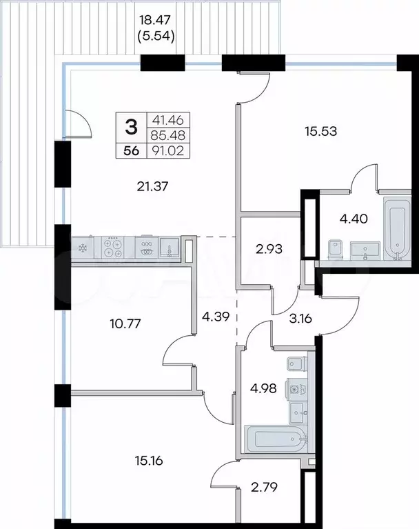 3-к. квартира, 91 м, 3/8 эт. - Фото 0