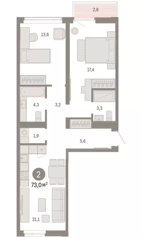 2-комнатная квартира: Тюмень, улица Республики, 205к3 (73 м) - Фото 1
