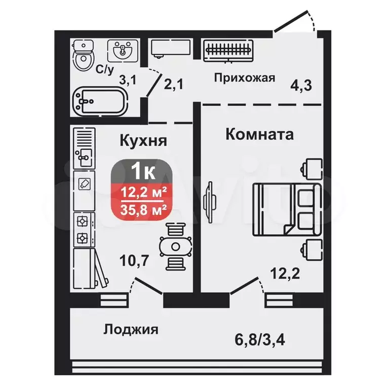 1-к. квартира, 35,8 м, 6/8 эт. - Фото 0