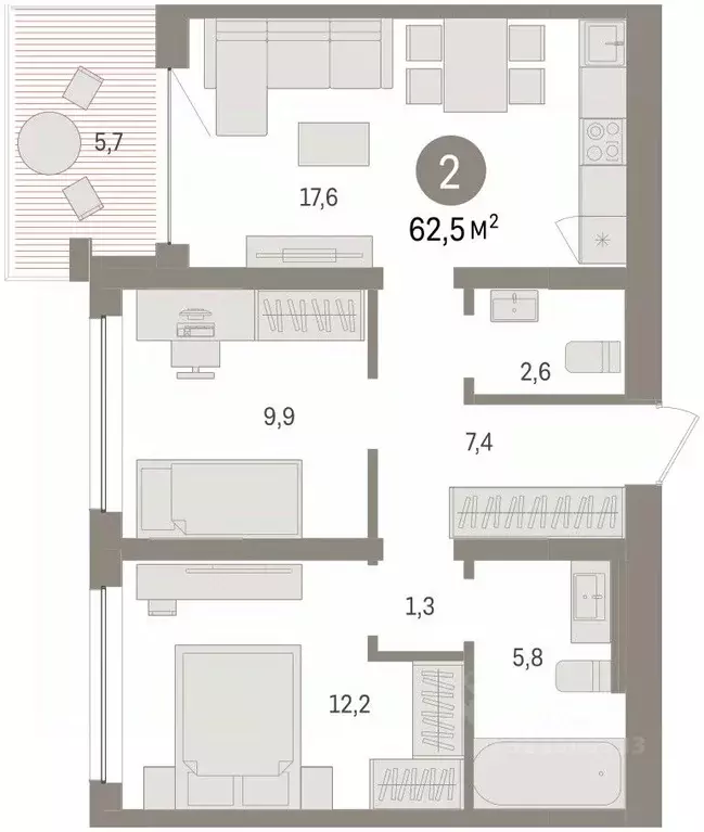 2-к кв. Тюменская область, Тюмень ул. Муравленко, 9к3 (62.52 м) - Фото 2