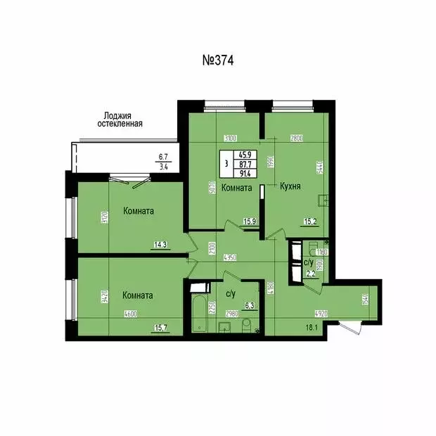 3-комнатная квартира: посёлок Парголово, Ольгинская дорога, 3/20 (91.1 ... - Фото 2