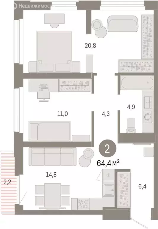 2-комнатная квартира: Тюмень, жилой комплекс Зарека (64.41 м) - Фото 1