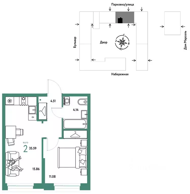 2-к кв. Тюменская область, Тюмень Береговая ул., 100к2 (35.59 м) - Фото 1