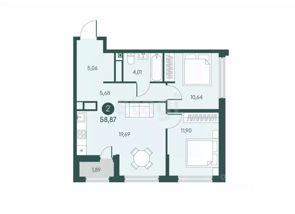 2-к кв. Курганская область, Курган 18-й мкр, 7к1 (58.8 м) - Фото 1