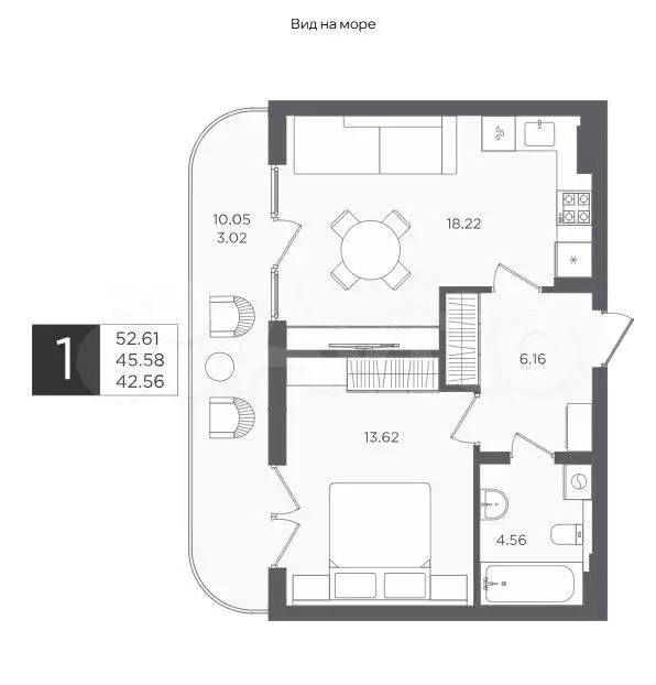 1-к. квартира, 52,6 м, 3/4 эт. - Фото 1