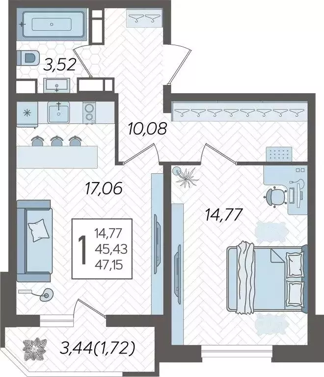 1-к кв. Краснодарский край, Краснодар Уральская ул., 87/7 (48.5 м) - Фото 1