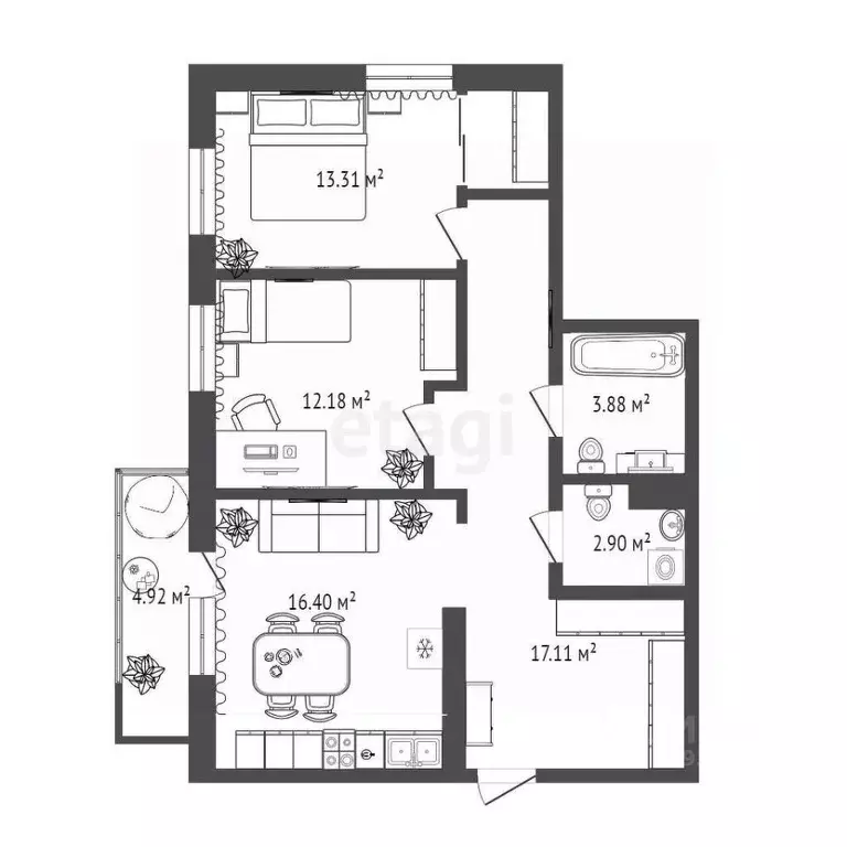 2-к кв. Тюменская область, Тюменский муниципальный округ, д. Дударева ... - Фото 1