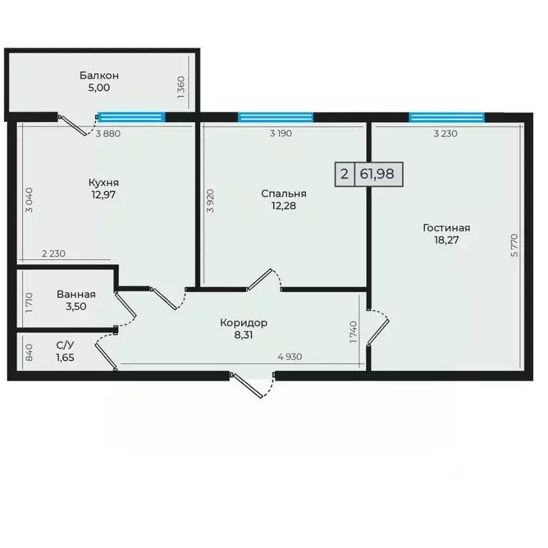 2-к кв. Ставропольский край, Невинномысск ул. Дунаевского, 11Г (61.98 ... - Фото 1