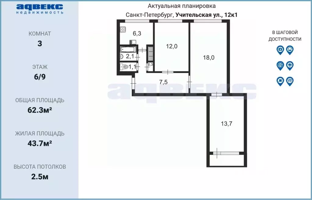 3-к кв. Санкт-Петербург Учительская ул., 12К1 (62.3 м) - Фото 1