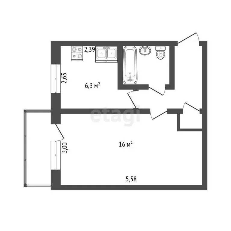 1-комнатная квартира: Тюмень, улица Гастелло, 67 (29.6 м) - Фото 0