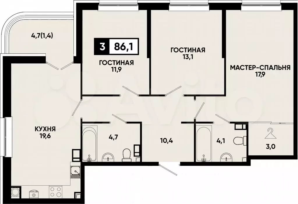 3-к. квартира, 86,1 м, 7/14 эт. - Фото 0