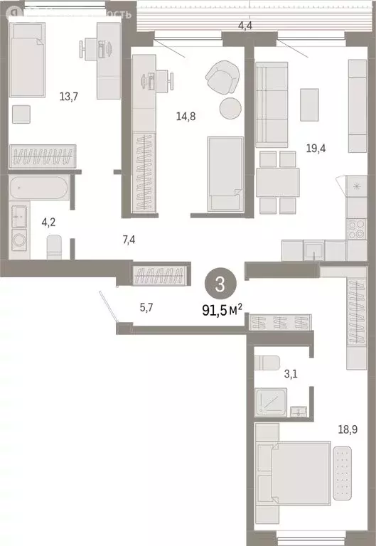 3-комнатная квартира: Новосибирск, Большевистская улица, с49 (91.47 м) - Фото 0