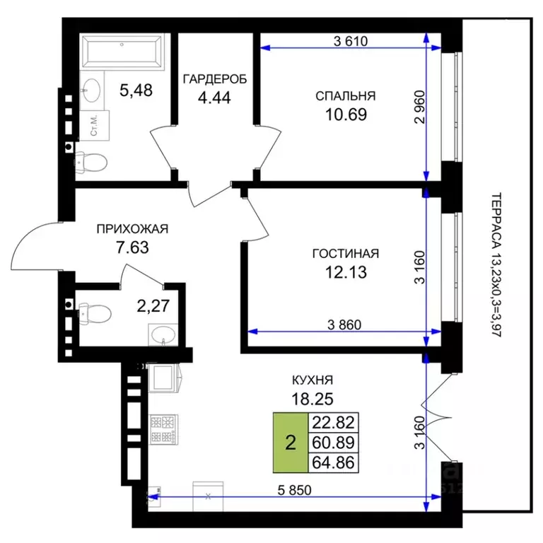 2-к кв. Калининградская область, Гурьевск Включи жилой комплекс (64.86 ... - Фото 1