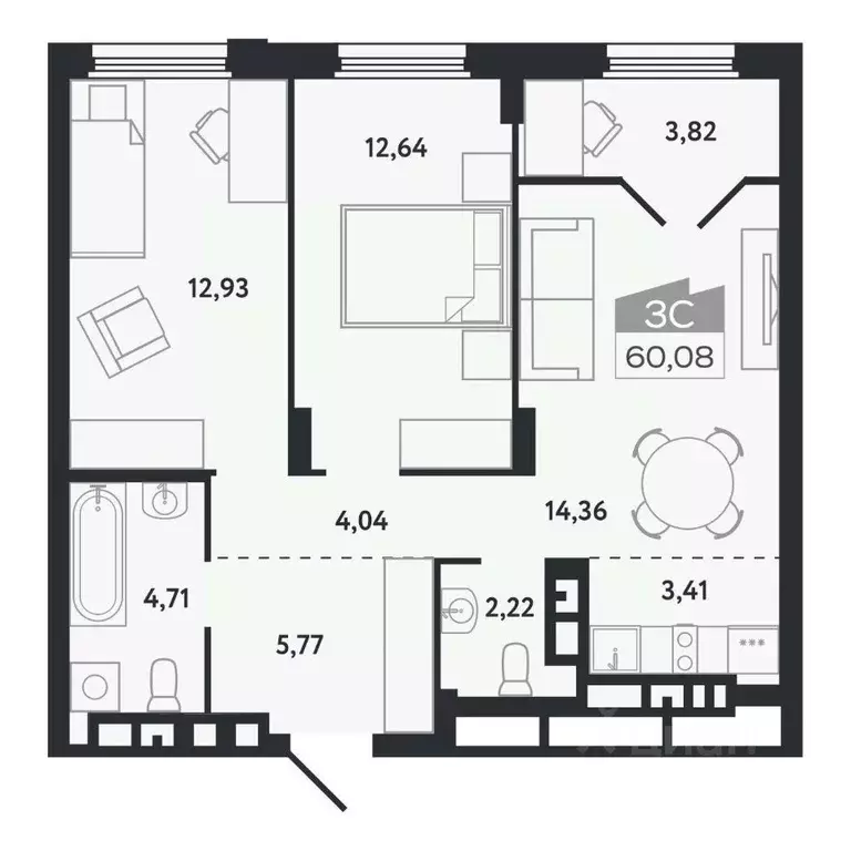 3-к кв. Томская область, Томск Черемошники мкр, ул. Бердская, 14/3 ... - Фото 1