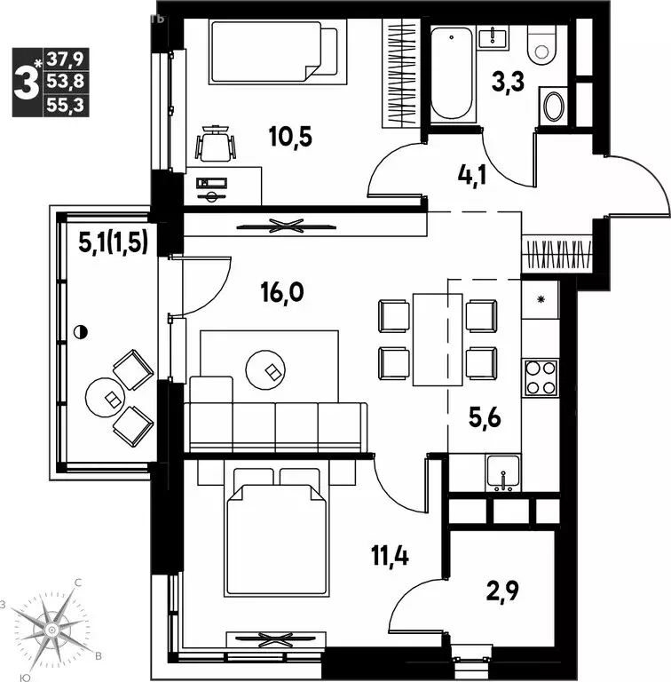 3-комнатная квартира: Кондратово, ЖК Мы (55.3 м) - Фото 0